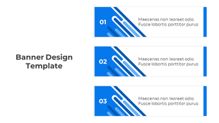 Blue banner design template with three numbered sections featuring abstract patterns and placeholder text.