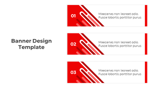 Three horizontal red banners with abstract white designs, numbered 01 to 03, and placeholder text on the right.