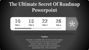 Roadmap PowerPoint slide with four milestones, featuring numbered titles, a progress bar, and a connected node's icon.