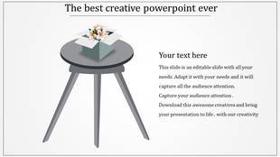 Gray tripod round table with a floral arrangement in an open box, with text area on the right.