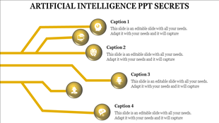 Infographic with yellow lines connecting six circular icons depicting AI themes, paired with four captions on the right.