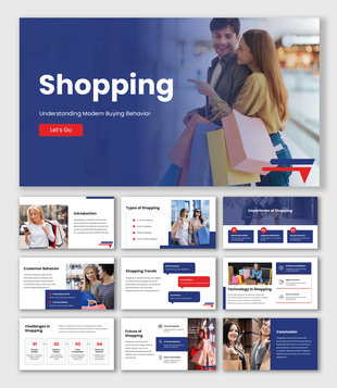 Shopping PPT Template with blue theme, shoppers with bags, modern shapes and clean structured text layouts.