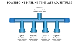 Horizontal blue pipeline with four downward and one upward segments, each labeled with captions.