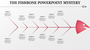 Fishbone diagram with a red head and twelve labeled branches, each connected to placeholder text areas.