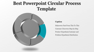 Circular gray 3D diagram with six segmented parts, one highlighted in teal, and a caption on a light background.