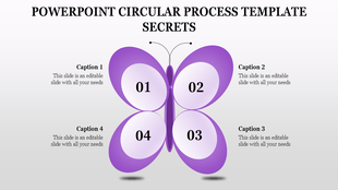 Creative purple butterfly themed PowerPoint template with numbered circular sections labeled from 01 to 04 and captions.