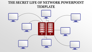 Network diagram with a red central server connected to eight blue outlined computers by dotted lines.
