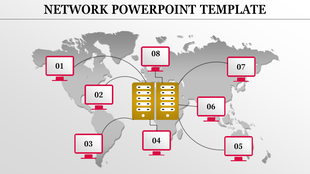Network template showing a world map with eight computer icons linked to a central server.