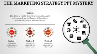 Marketing slide featuring a magnifying glass with icons and three circular charts with percentage indicators on the left.