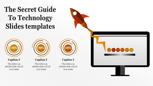 Technology PPT slide featuring a rocket launching from a screen, progress metrics, and circular infographics with captions.