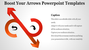 Arrow themed PowerPoint slide with overlapping red and orange arrows, circular icons, and text space.