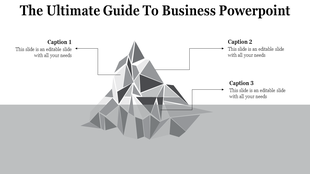 Polygonal iceberg illustration for business in grayscale with three labeled captions placed in a grey backdrop.