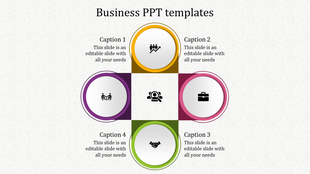 Business template with a central icon and four circular segments in yellow, purple, pink, and green, form a cross layout.