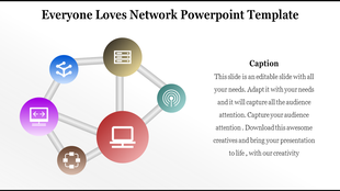 Pentagonal layout with six colorful icons connected by gray lines, symbolizing different network elements.