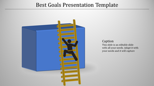 Slide featuring a figure climbing a yellow ladder leaning against a blue cube with space for a caption on the right.