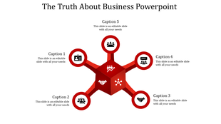 Business PowerPoint template with a central cube and five surrounding icons for various topics with captions.