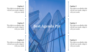 Slide featuring a central blue skyscraper image with six captions evenly distributed on the sides, connected by dots.
