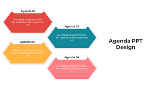 Colorful agenda PowerPoint slide featuring four hexagonal sections with titles and descriptions.