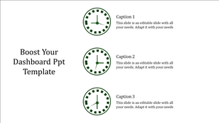 Clock themed Dashboard PowerPoint slide with captions for each section.