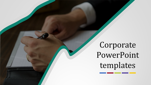 Corporate PowerPoint template with a person writing in a notebook and colorful line design.