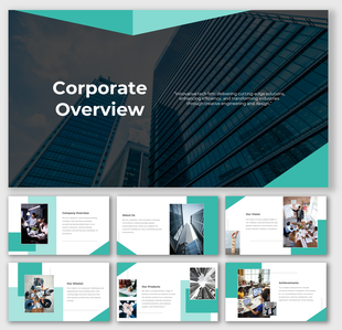 Corporate slide deck featuring teal accents, skyscraper imagery, and sections for company overview, mission, and vision.