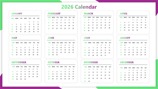 PowerPoint Calendar Slide showing 2026 full-year layout with green month cards, clear date grids, clean design.
