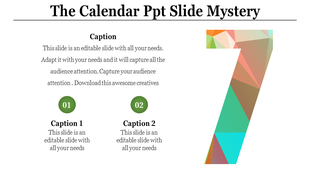 Slide with a geometric multicolor number 7, descriptive text, and two green circular icons labeled 01 and 02.