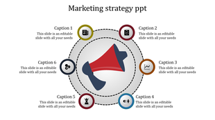 PowerPoint slide with a megaphone surrounded by six icons for marketing strategy visualization.