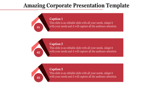 Corporate slide design featuring three bold red sections, each with a circular icon and descriptive text.