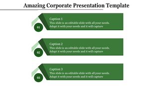 Green themed slide with three layered rectangles and numbered circles aligned vertically on a white background.