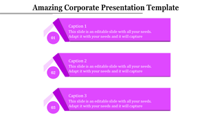 Corporate slide with three horizontal purple banners, numbered 01 to 03 with rounded circles on the left.