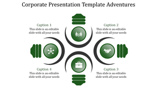 Corporate presentation template with four green icons arranged in a circular layout, each with a caption.