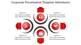 Professional PowerPoint slide with four captioned red icons, arranged in a cross layout for corporate discussions.