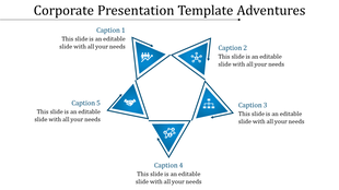 A corporate presentation template with five blue triangles arranged in a star shape, each containing an icon and caption.