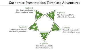 A corporate presentation template with five green triangles arranged in a star shape, each containing an icon and caption.