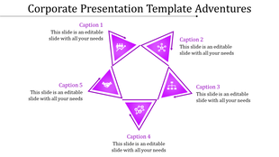 Corporate template featuring a pentagon divided into five arrow-shaped triangles, each labeled with captions and icons.