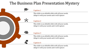 PowerPoint template with a central gear icon and four business related icons surrounding it, each with captions.
