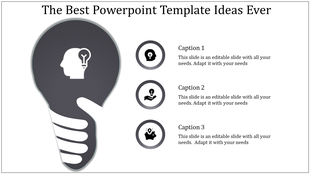 Creative design featuring a gray light bulb outline with inner head illustration, and three captions on the right.