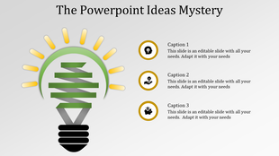 Creative light bulb illustration with green and gray spiral layers, surrounded by yellow rays and three gold captions.