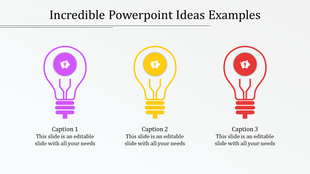 Incredible PowerPoint ideas with light bulb icons in purple, yellow, and red, featuring a piggy bank symbol with captions.