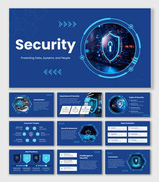 Security PowerPoint Templates with blue cyber theme, shield lock icon, tech visuals, icons, and shapes layout design.