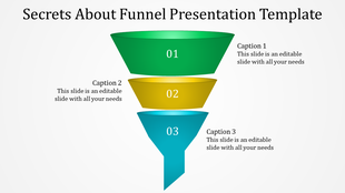 Funnel presentation slide with three colorful sections in green, yellow, and blue, each with numbered captions.