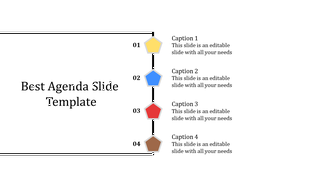 Business agenda slide showing a  line connecting numbered icons in yellow, blue, red, and brown, each  with caption areas.