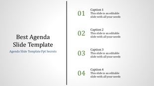 Agenda slide split into two sections, left with title text and right with a numbered vertical list of four captions.