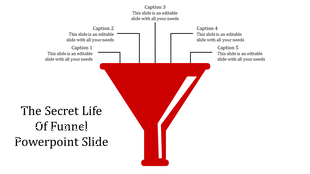 Slide with a red funnel illustration and five labeled captions pointing to different sections on the top.
