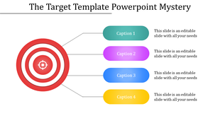 Target template with a red bullseye on the left connected to four colorful captions areas on the right.