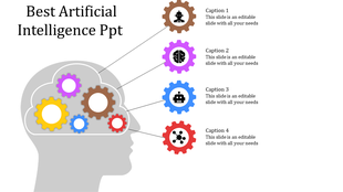Artificial intelligence concept with a brain-shaped gear diagram and captioned icons in a white backdrop.
