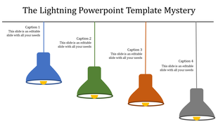 Creative lightning slide with light bulb icons in various colors like blue, green, orange, and gray with caption spaces.
