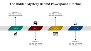 Four-part timeline showing years 2016, 2017, 2018, and 2019 with corresponding icons and placeholder text areas.
