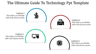 Technology PPT slide with four icons representing a robot, printer, computer, and microchip, each with placeholder captions.